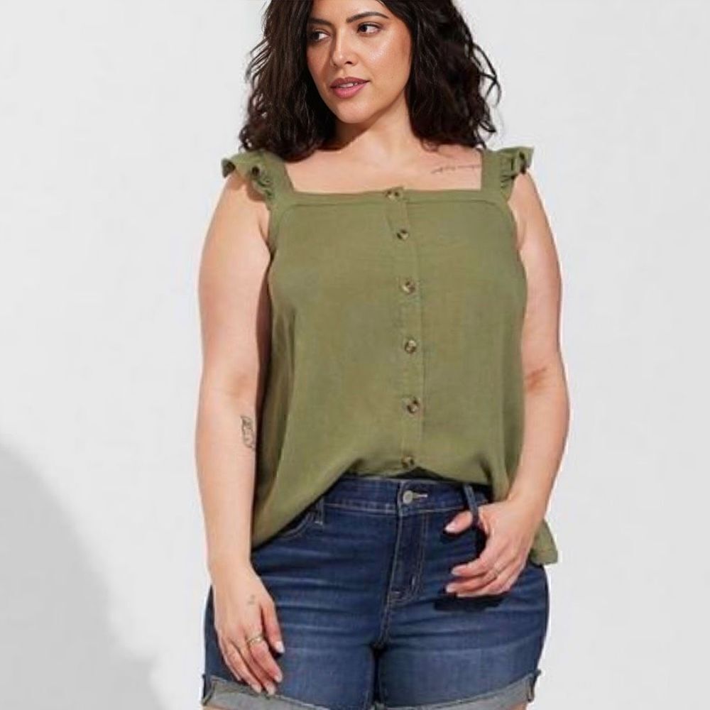 Torrid Olive Green Floral Double Gauze Ruffle Button Front Tank Top Sz 2X